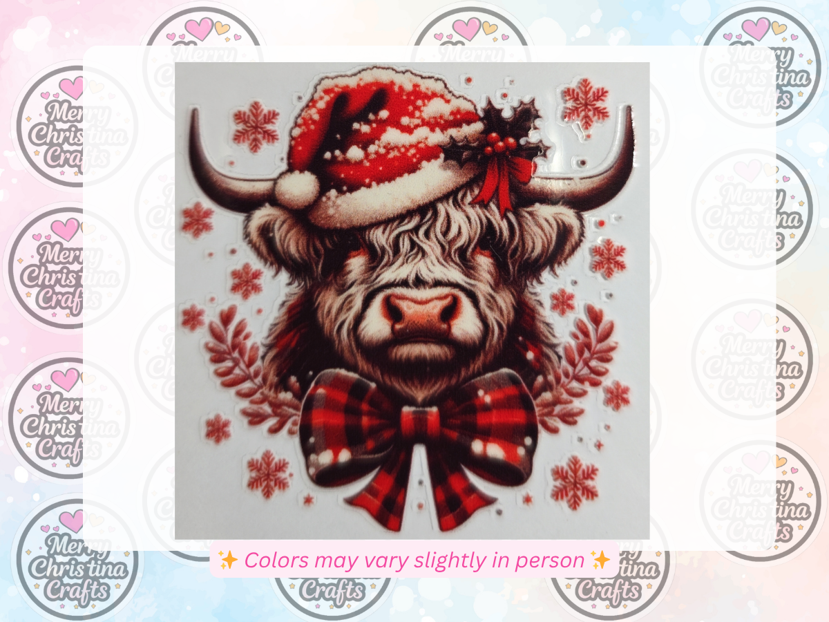 40 - Red Highland Cow w Santa Hat and Bow