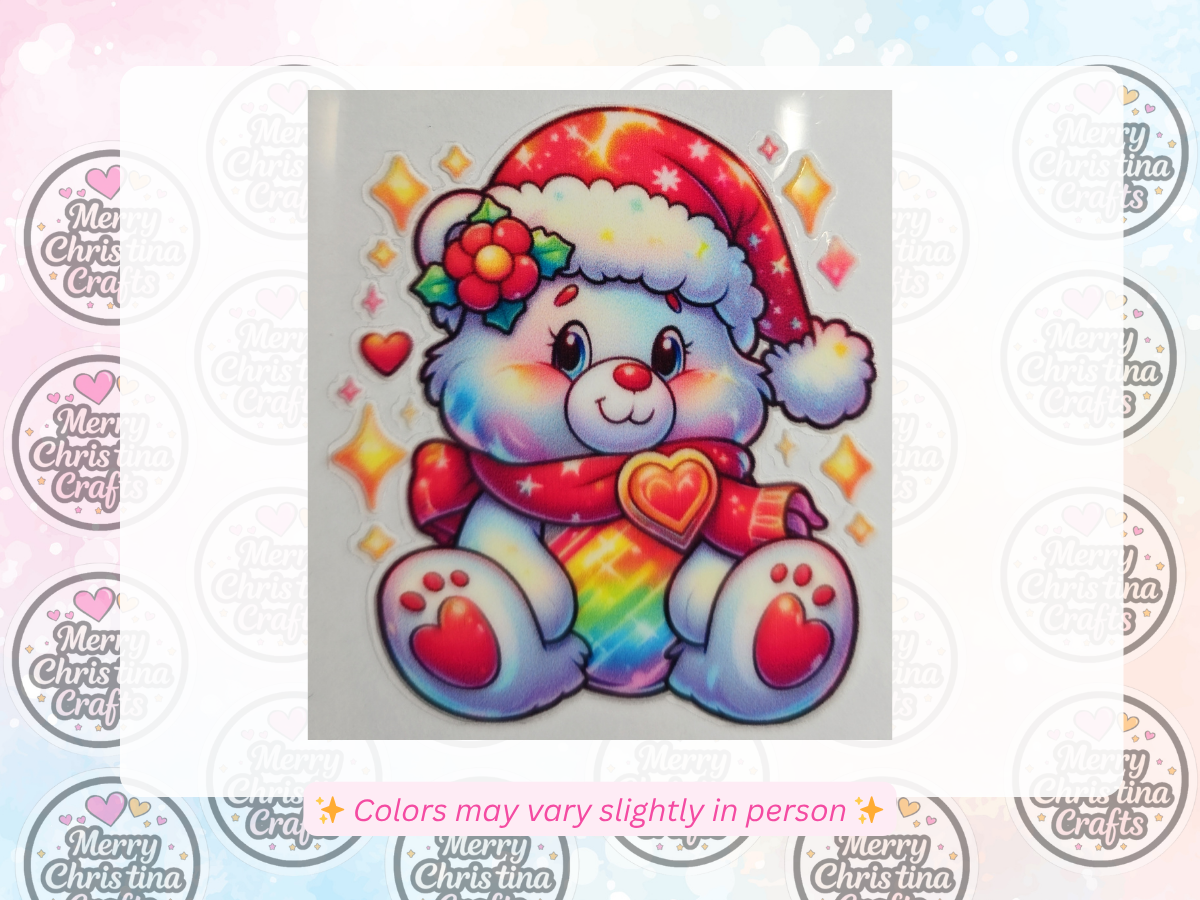 45 - RainbowHeart Carebear w Santa Hat