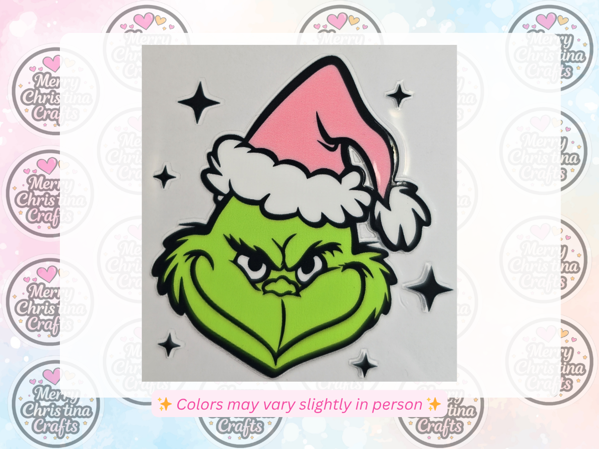 65 - Smiling Grinch Face - Light Pink Santa Hat